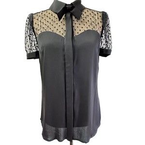 Milly Feminine Blouse Sz M Black Polka Dot Mesh Sweetheart Cut Bell Sleeves Bow
